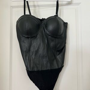 Black Faux Leather Bustier Bodysuit